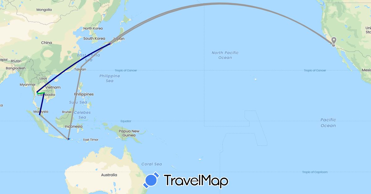 TravelMap itinerary: driving, bus, plane, train, boat in Indonesia, Japan, Cambodia, Malaysia, Thailand, Taiwan, United States (Asia, North America)
